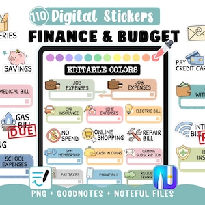 May include: Digital sticker set with 110 stickers for finance and budget planning. Includes stickers for groceries, income, savings, medical bills, job expenses, car insurance, and more. The stickers are labeled with text and are in various colors.