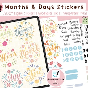 Months and Days Stickers for Goodnotes and digital planners, pre-cropped transparent PNG stickers, Dates months number and days clipart