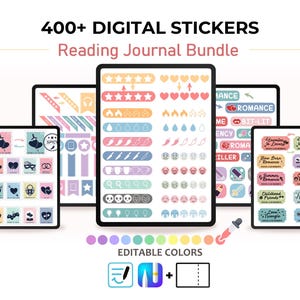 Peut inclure: Ensemble d'autocollants numériques pour un journal de lecture, avec plus de 400 autocollants. L'image présente des tablettes affichant des autocollants avec des étoiles, des cœurs et des étiquettes. Le texte indique "400+ DIGITAL STICKERS Reading Journal Bundle". Couleurs modifiables également.