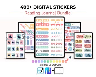 Bundle Reading Digital Stickers | Editable Colors in GoodNotes & Noteful | Pack for Reading Journal with Tropes, Ratings, 400+ PNG Cliparts