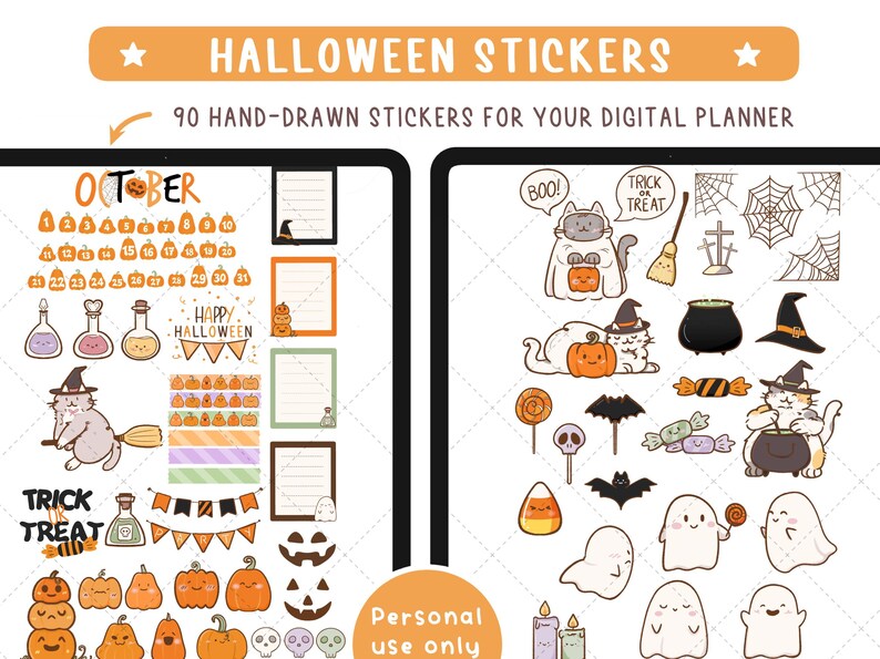 Halloween Digital Stickers – Cute Cats, Ghosts & Pumpkins for Planners or Invitation Print - GoodNotes Noteful Files, 90 Clipart PNGs image 2