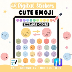 Digital Emoji Stickers for Mood Tracker – 45 Cute Kawaii Stickers with Color-Changing Backgrounds for Goodnotes, Noteful + Emoji PNG Clipart