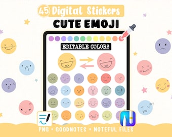 Digital Emoji Stickers for Mood Tracker – 45 Cute Kawaii Stickers with Color-Changing Backgrounds for Goodnotes, Noteful + Emoji PNG Clipart