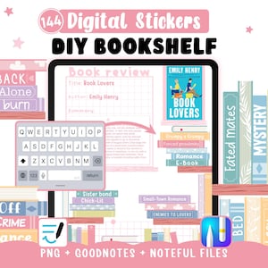 Digitale Bücherregal-Sticker – Buchtitel und Regale zum Selbermachen – Genre-Klischees für Lesetagebücher – Goodnotes Noteful + 144 PNG-Cliparts