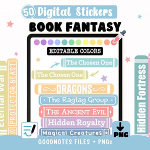 Pegatinas digitales de tropos de fantasía - Colores personalizables en Goodnotes | Pegatinas para amantes de la lectura para diario de lectura + 50 imágenes prediseñadas
