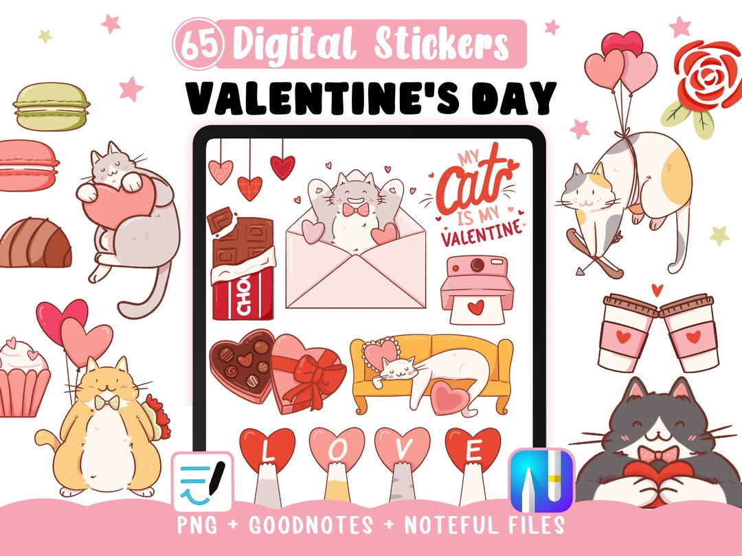 Valentine’s Day Digital Stickers | Cute Love Cats & Hearts | 65 PNG ...