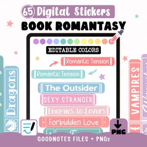 Digitale Sticker mit romantischen Motiven – Anpassbare Farben für Lesetagebücher | Sticker für Bücherliebhaber auf Goodnotes + 65 Cliparts