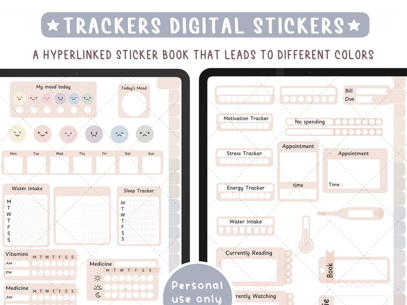 Neutrale digitale Sticker-Tracker. 250 gestanzte Tracker-Widgets für digitale Goodnotes-Planer im Buchformat + transparente PNGs Bild 2