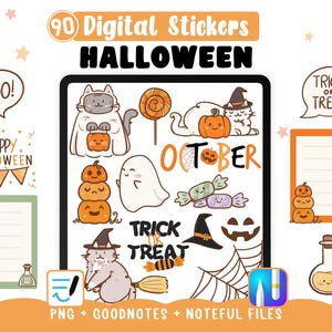 Stickers Halloween digitaux – Autocollants GoodNotes - Noteful - 90 cliparts PNG, chats, fantômes et citrouilles pour planner numérique