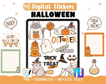 Halloween Digital Stickers – Cute Cats, Ghosts & Pumpkins for Planners or Invitation Print - GoodNotes Noteful Files, 90 Clipart PNGs