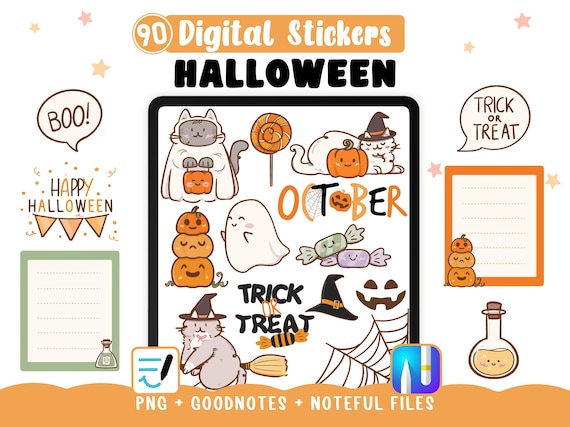 Stickers Halloween digitaux – Autocollants GoodNotes - Noteful - 90 cliparts PNG, chats, fantômes et citrouilles pour planner numérique