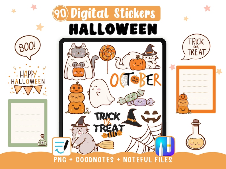 Halloween Digital Stickers – Cute Cats, Ghosts & Pumpkins for Planners or Invitation Print - GoodNotes Noteful Files, 90 Clipart PNGs image 1