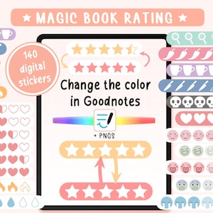 Adesivi digitali per la valutazione dei libri - Colori modificabili per il diario di lettura | Adesivi per gli amanti dei libri su Goodnotes + 70 clipart