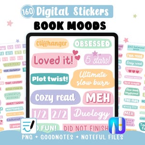 Digitale Sticker mit Buchphrasen – 160 Buchsätze mit Emotionen für Lesetagebücher und Buchliebhaber – Goodnotes Noteful + 160 PNG-Cliparts