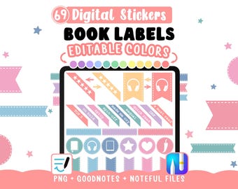 Puede incluir: Un conjunto de 69 pegatinas digitales para etiquetas de libros con colores editables. La colección incluye varias formas de pancartas, valoraciones por estrellas, iconos de auriculares e iconos circulares con libros, corazones y chiles. El texto incluye TOP 5, on hold, spicy, spin-off, made me cry, sequel, quick read, DNF y a must read.