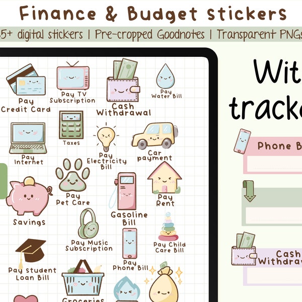 Finance and Budget Digital Stickers, 68 Kawaii clipart for your budget and expenses, pre-cropped Goodnotes file and transparent PNG