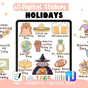 Stickers numérique vacances et fêtes, 40 PNG dessinés à la main pour Goodnotes, Noteful agenda numérique, célébrations dates importantes