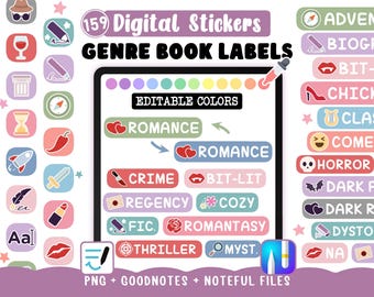 Literary Genre Book Labels Digital Stickers for Reading Journal – Editable Colors for Goodnotes iPad + 159 Cliparts – Genre Tags for Books