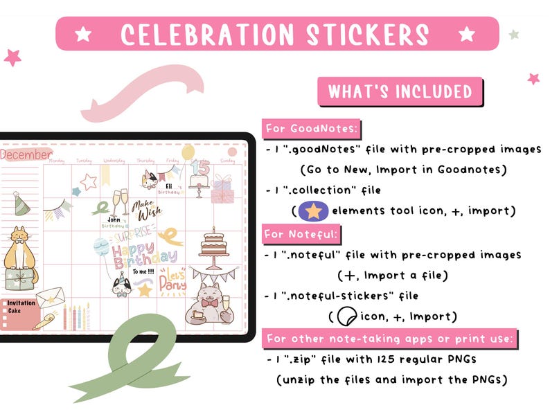 Birthday Stickers for Digital Planners. Celebrations Noteful Goodnotes Stickers & 125 Transparent Cute Cats PNG Clipart. image 3