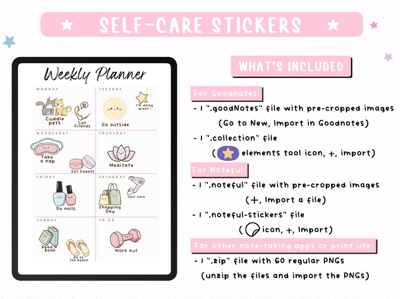 Self Care Digital Stickers for Planner | Mental Health & Self-Care Trackers | Kawaii Stickers for GoodNotes and Noteful image 3