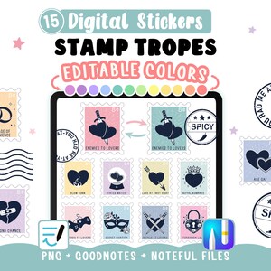 Könnte beinhalten: Ein Set aus 15 digitalen Stickern mit Briefmarken-Motiven in bearbeitbaren Farben. Die Sammlung enthält verschiedene Briefmarkendesigns mit Symbolen wie Herzen, Schwertern, Kronen und Masken sowie Texten wie Enemies to Lovers und Spicy.