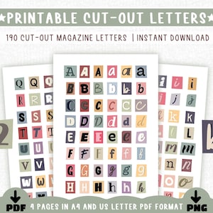 Könnte beinhalten: Ausdruckbare Buchstaben zum Ausschneiden in verschiedenen Farben und Schriftarten. Das Bild zeigt drei Blätter mit Buchstaben, Zahlen und dem Text "PRINTABLE CUT-OUT LETTERS" und "190 CUT-OUT MAGAZINE LETTERS | INSTANT DOWNLOAD".