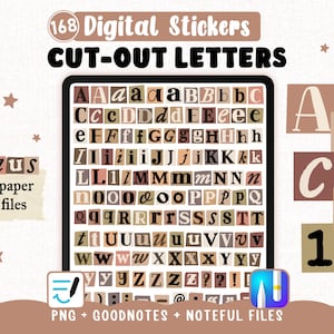 Letras y números recortados en colores neutros: revistas, rescates, diarios basura y álbumes de recortes para GoodNotes, Noteful, impresión, tono natural