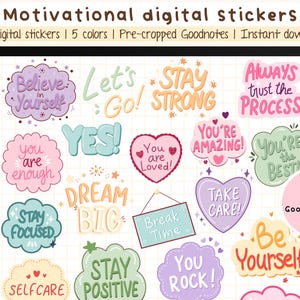 Adesivi digitali con affermazioni positive, citazioni motivanti, 155 PNG in un raccoglitore con collegamento ipertestuale per il diario Goodnotes + 155 clipart