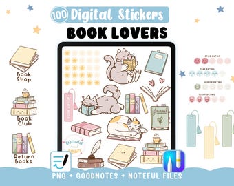 Digital Book Lover Stickers — 100 Bookish Stickers for Reading Journal, Digital Planner, Printing | Noteful & GoodNotes files + PNG Cliparts