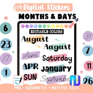 Digital stickers Mois Jours Dates - Couleurs Modifiables pour journal numérique sur Goodnotes et Noteful + 276 PNGs transparents