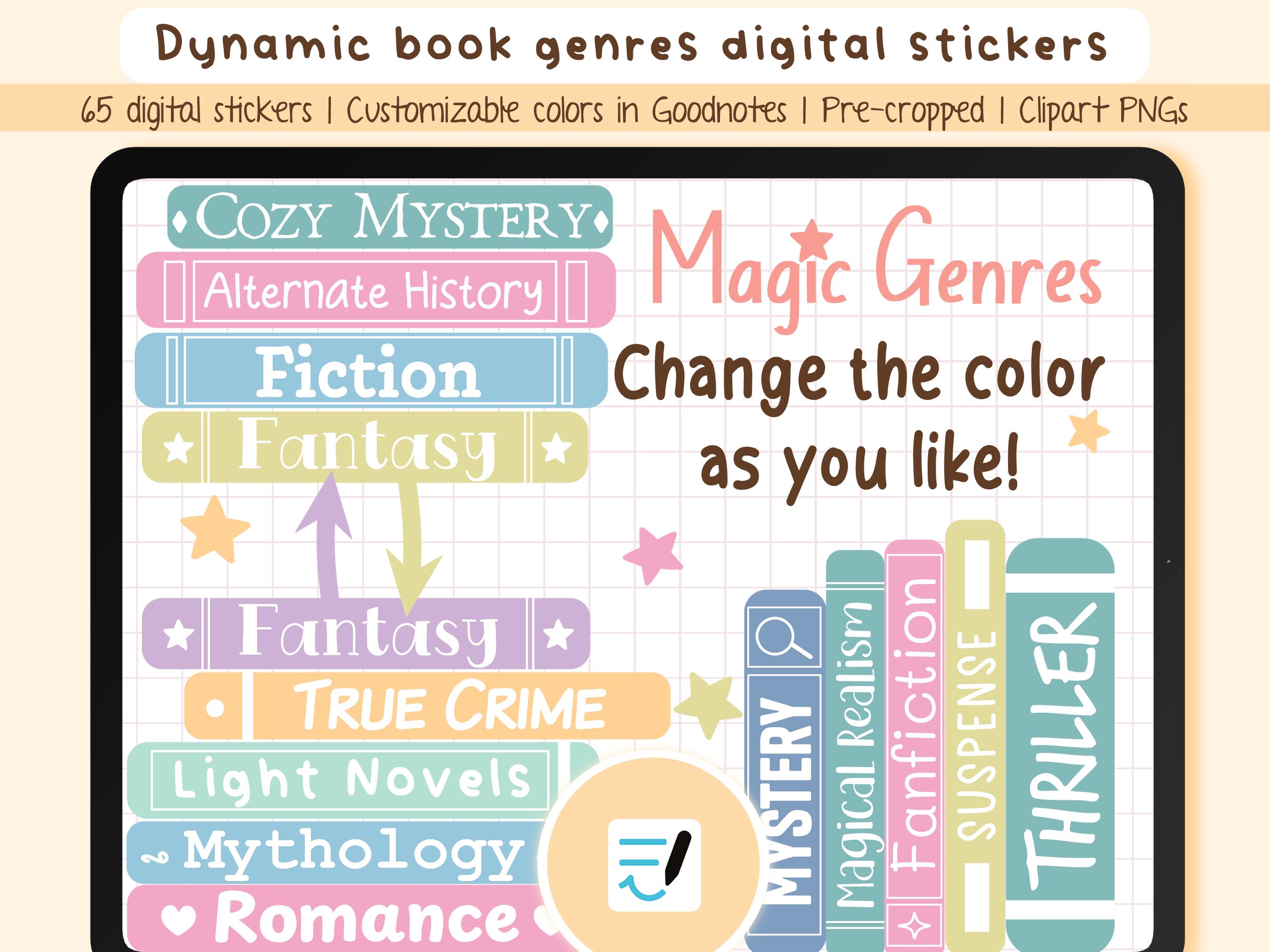 Book Genres Digital Stickers, Customizable Colors for Reading Journals in Goodnotes, Book Categories for booklovers, 65 Clipart Files