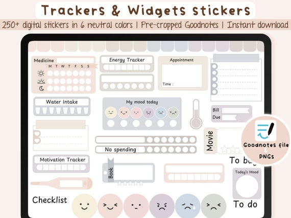 Trackers digital stickers neutres. 250 widgets de trackers découpés pour digital planner Goodnotes sous forme de livre + PNG transparents