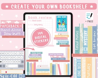 Digital Bookshelf Stickers - DIY Book Titles & Shelves - Genres Tropes for Reading Journal Booklovers - Goodnotes iPad + 144 PNG Cliparts