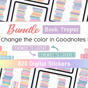 Digitale Sticker zum Thema Buchtropen | Anpassbare Farben in Goodnotes | Romantik-Paket fürs Lesetagebuch + 410 PNG-Cliparts
