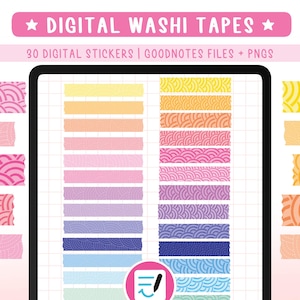 May include: Digital washi tapes in various colors, including pink, yellow, and blue, displayed on a tablet. The image features the text "DIGITAL WASHI TAPES" and "30 DIGITAL STICKERS | GOODNOTES FILES + PNGS". The tapes have decorative patterns.