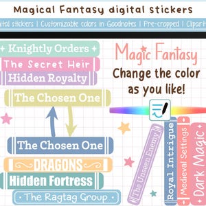Tropi fantasy di adesivi digitali - Colori modificabili surr Goodnotes | Adesivi Book Lover per leggere il diario + 50 clipart