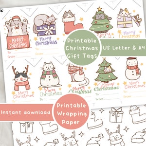 Etiquettes de Noël et emballage cadeau imprimable, idéal pour amoureux des chats et enfants qui aiment colorier. Téléchargement immédiat.