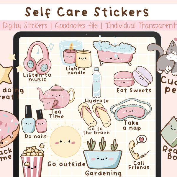 Self Care Stickers, 60 Kawaii Digital Stickers for Self Care, Pre-Cropped GoodNotes File and Transparent PNGs