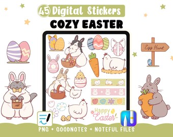 Easter Digital Stickers, 45 PNG stickers for digital planner or print, Noteful  Goodnotes files, Easter Egg Cliparts, bunnies, chickens