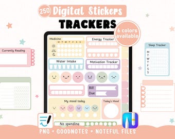 Digitale Sticker, Gewohnheitstracker, Widgets für Planer und digitale Tagebücher – GoodNotes Noteful Hyperlink-Buch – 250 transparente PNGs