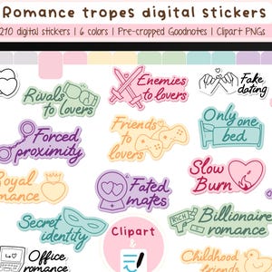 Adesivi digitali tropi romantici, istantanee PNG per leggere il diario, adesivi per gli amanti dei libri, raccoglitore con collegamento ipertestuale per Goodnotes + 210 clipart