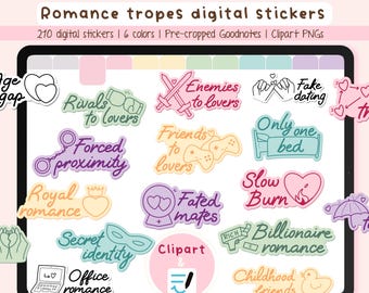 Romance Tropes Digital Stickers, book lovers stickers for Reading Journal book review, Hyperlinked Binder for Goodnotes + 210 Clipart Images