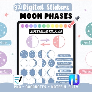Digitale Sticker der Mondphasen – Anpassbare Farben für Goodnotes und Noteful – Sticker für den Mondkalender + 160 PNG-Cliparts