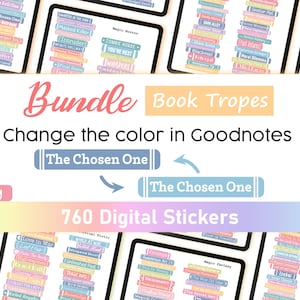 Könnte beinhalten: Digitales Sticker-Bundle für Goodnotes mit dem Text "Bundle Book Tropes". Das Bild zeigt Stapel bunter Sticker mit verschiedenen Buchthemen, darunter "The Chosen One" und "760 Digital Stickers".