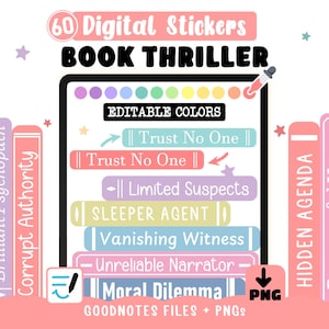 Digital stickers Thriller tropes - Editable Color PNGs for Goodnotes | Book Lover Stickers for reading journal + 60 Cliparts Boy's Love