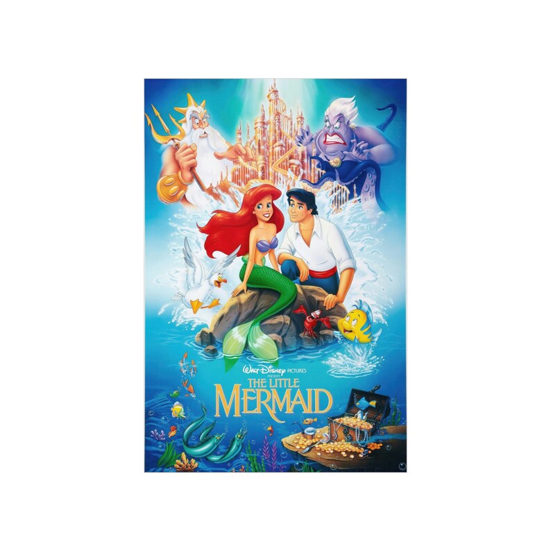 May include: A movie poster for the Disney film "The Little Mermaid" featuring Ariel, Prince Eric, King Triton, and Ursula. The poster has a blue background with a scene of Ariel and Eric on a rock surrounded by sea life.