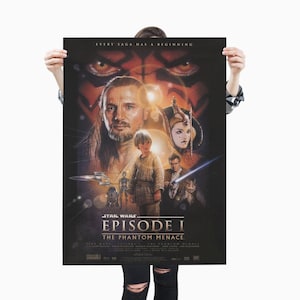 May include: A Star Wars Episode I: The Phantom Menace movie poster featuring a dark background with a red and orange glow. The poster features the text "Star Wars Episode I The Phantom Menace" and images of the characters Qui-Gon Jinn, Obi-Wan Kenobi, Anakin Skywalker, Padmé Amidala, and Darth Maul.