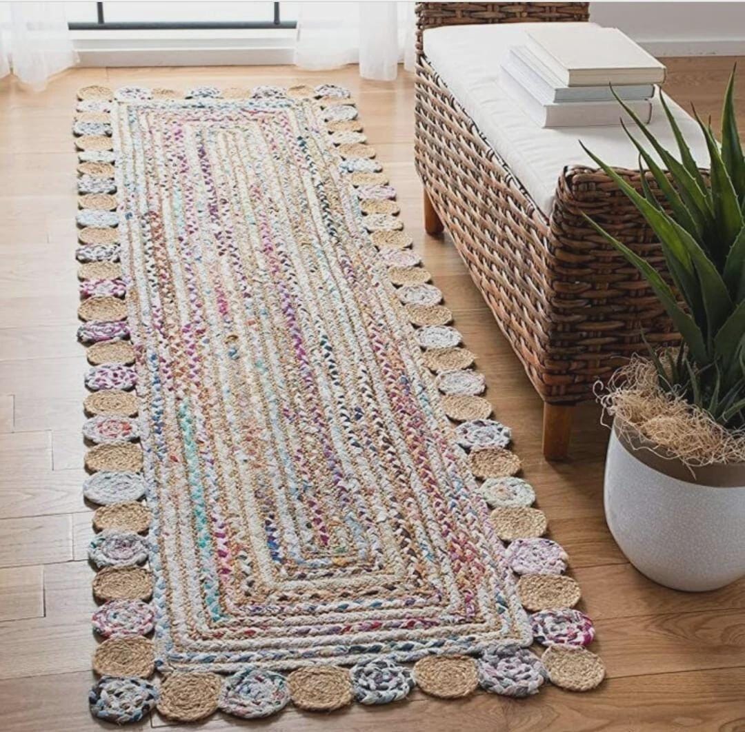 Craft Area Rug Handmade Art and Craft Hand Braided Bohemian Multi Color Jute Cotton ...