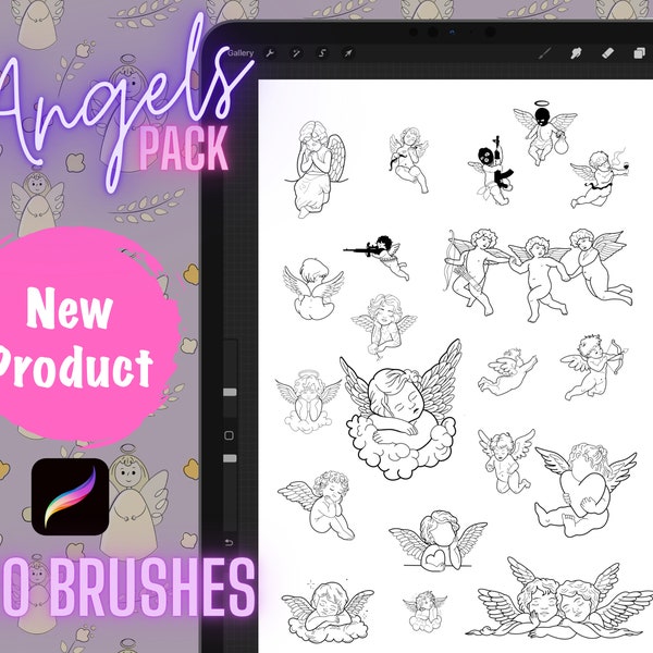 Nouvelle version : 20 tampons Angel Procreate pour illustration numérique et idées de tatouage. Prêt à l'emploi. Pinceau et pochoir. Pack des anges Vol1