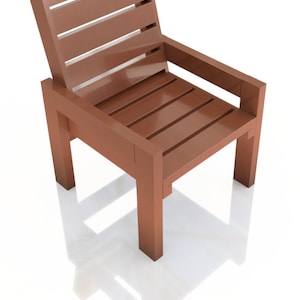 Peut inclure: Une chaise en bois brun avec un dossier à lattes et des accoudoirs. La chaise est isolée sur un fond blanc.